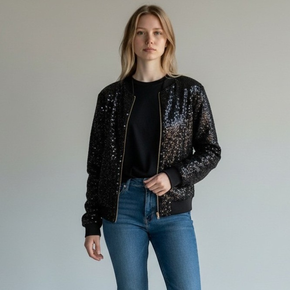 Trouve Womens Black Sequin Full Zip Bomber Jacket Large Holiday Party Glam